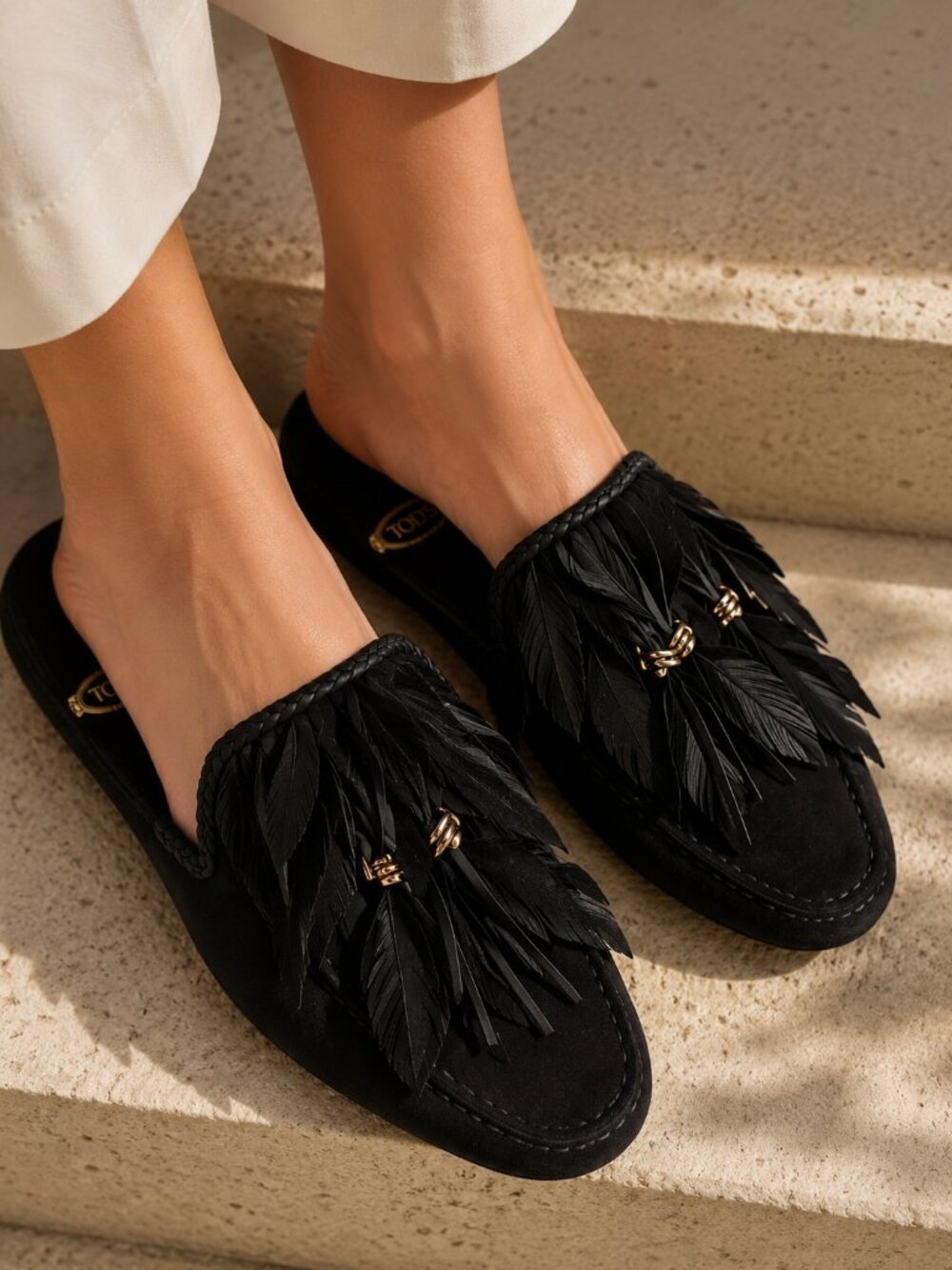 Women's Tod's Feather Fringe Tassel Black Suede Mules Flats Shoes Size 39 or 9